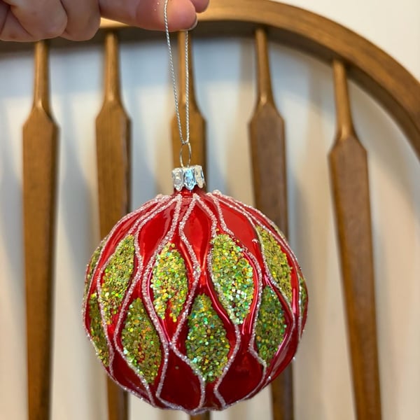 Glass Christmas Ornament Red Green Glitter 4 Inch