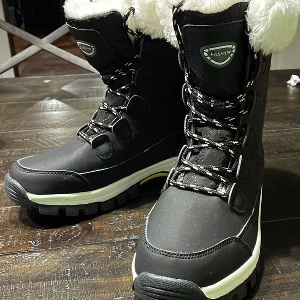 Fashion Winter Snow Boots Black Waterproof Lace-Up Fur-Lined Mid-Calf Booties