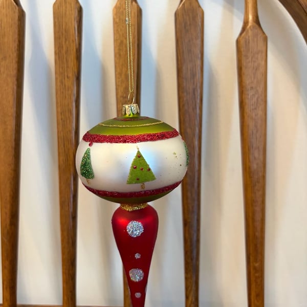 Glass Christmas Finial Ornament Red Green White 7 Inch