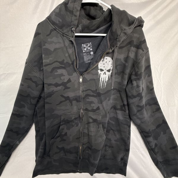 Y2K vintage Howitzer Zip Up Hoodie Size L Black Camo Patriot Skull
