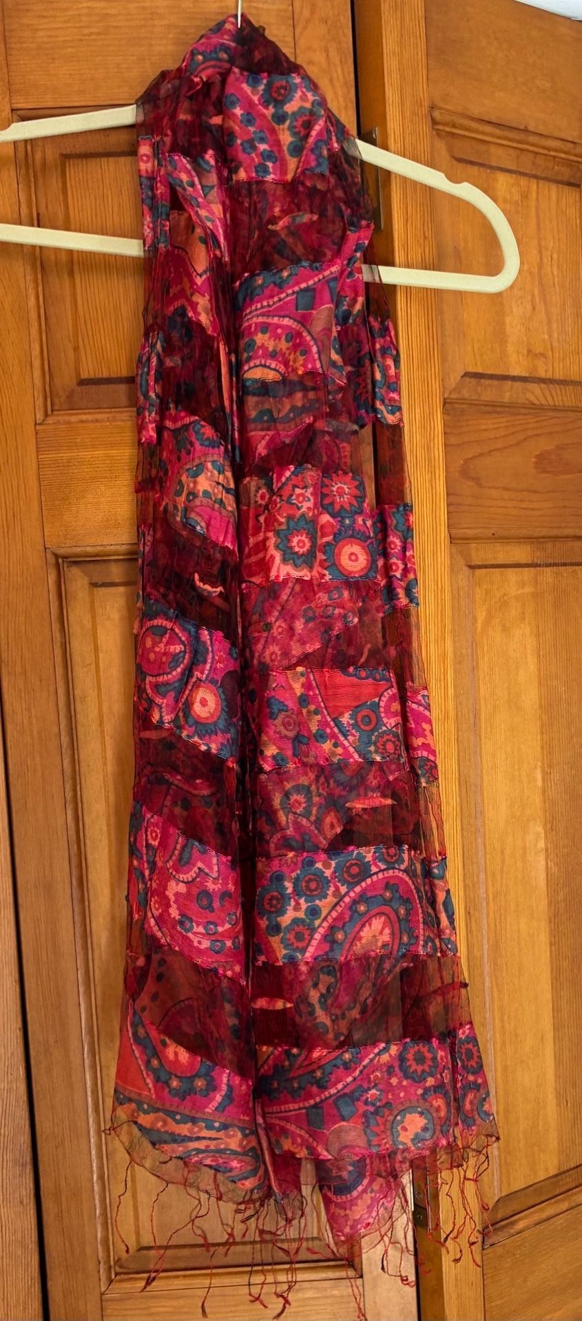 Vintage Boho Paisley Silk Scarf Pink Red Tassel Art To Wear 1