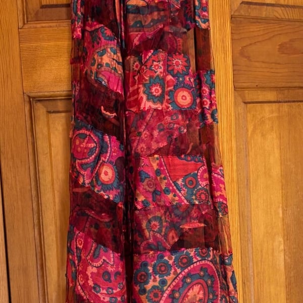 Vintage Boho Paisley Silk Scarf Pink Red Tassel Art To Wear