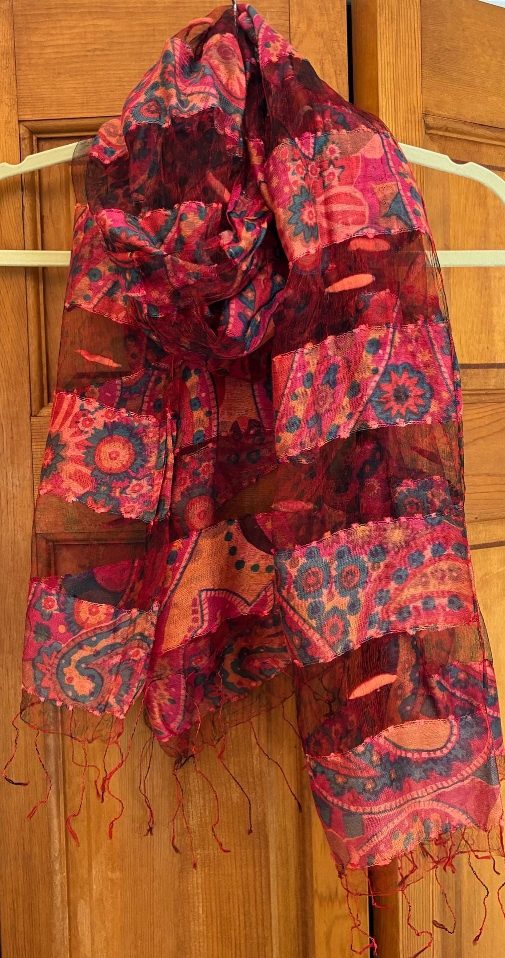 Vintage Boho Paisley Silk Scarf Pink Red Tassel Art To Wear 2