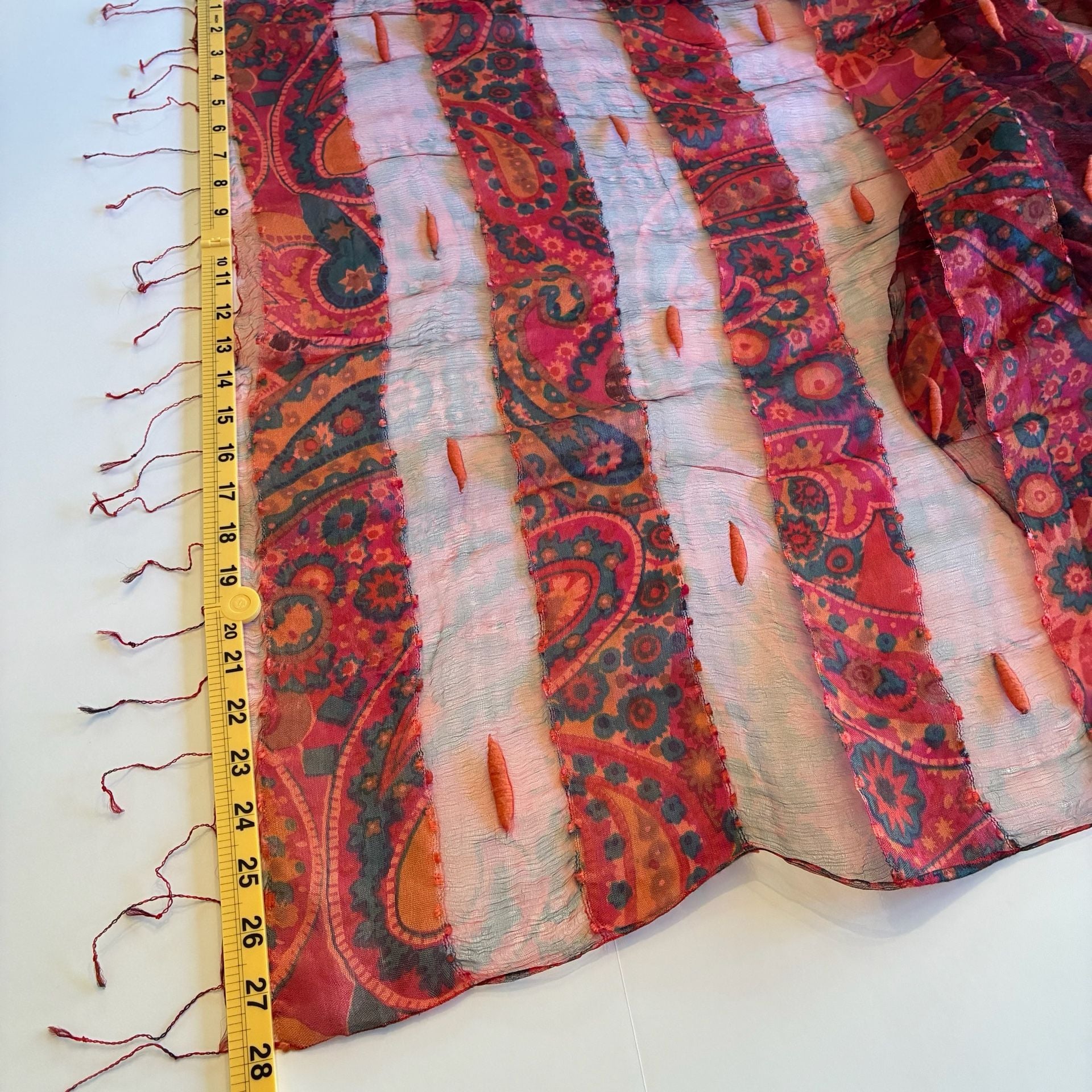 Vintage Boho Paisley Silk Scarf Pink Red Tassel Art To Wear 3