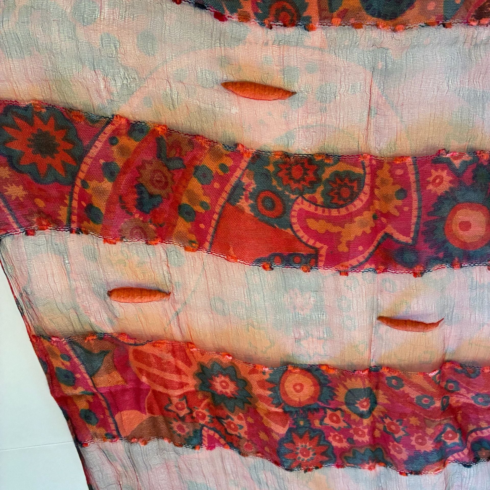 Vintage Boho Paisley Silk Scarf Pink Red Tassel Art To Wear 4
