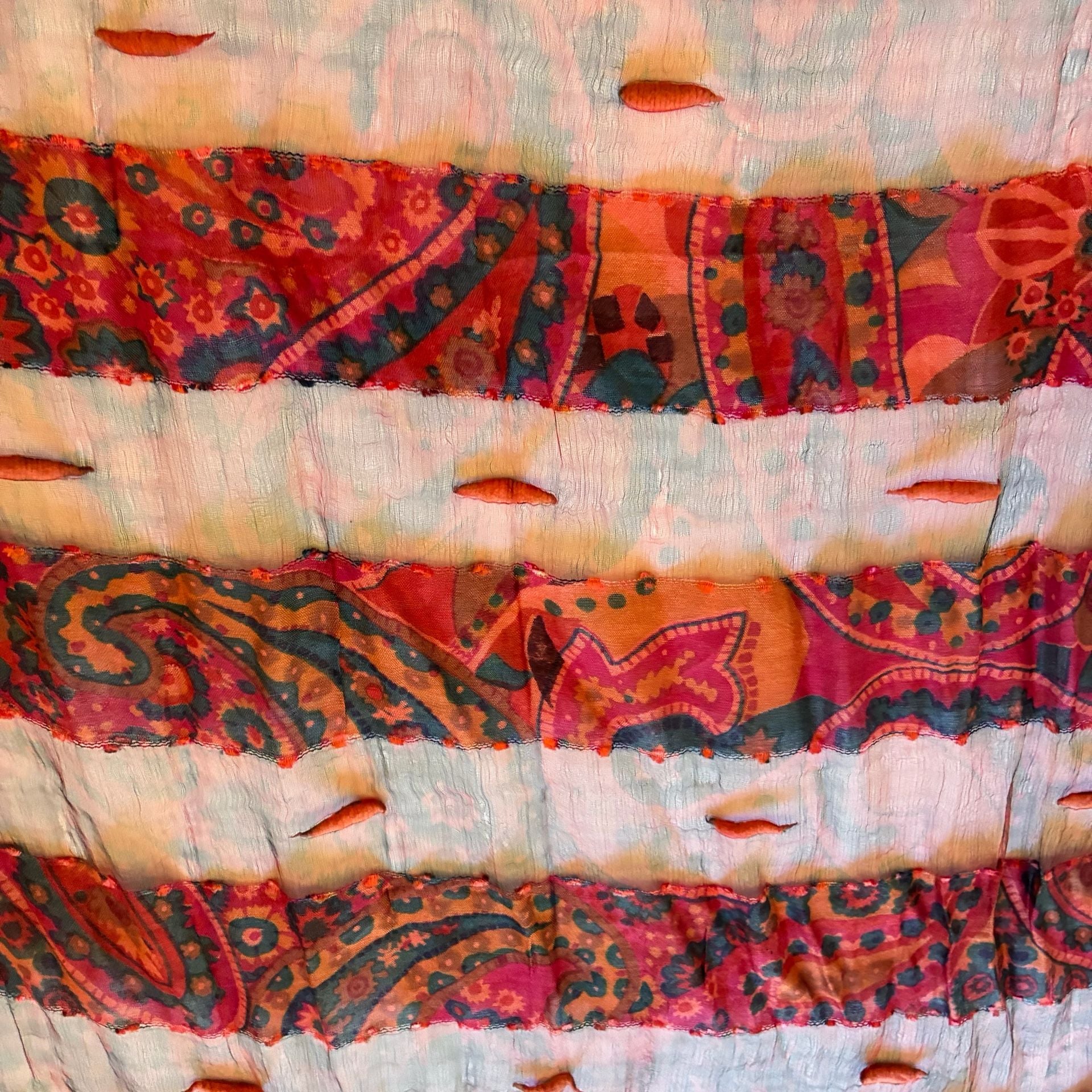 Vintage Boho Paisley Silk Scarf Pink Red Tassel Art To Wear 5