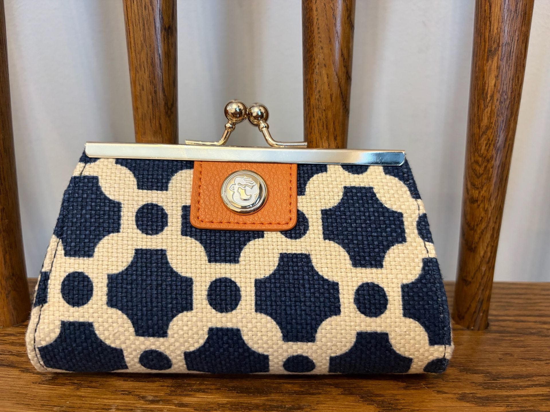 Spartina 449 Kiss Lock Coin Purse Blue White Geometric Linen Leather 2