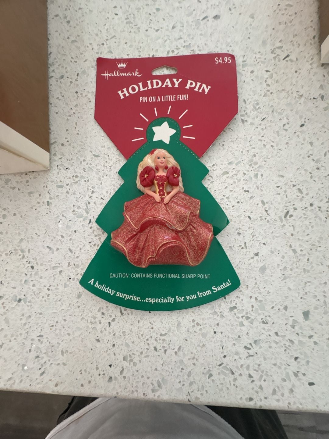 New Hallmark Vintage 1995 Barbie Holiday Pin Brooch Red Dress New on Card 2