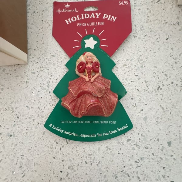 New Hallmark Vintage 1995 Barbie Holiday Pin Brooch Red Dress New on Card