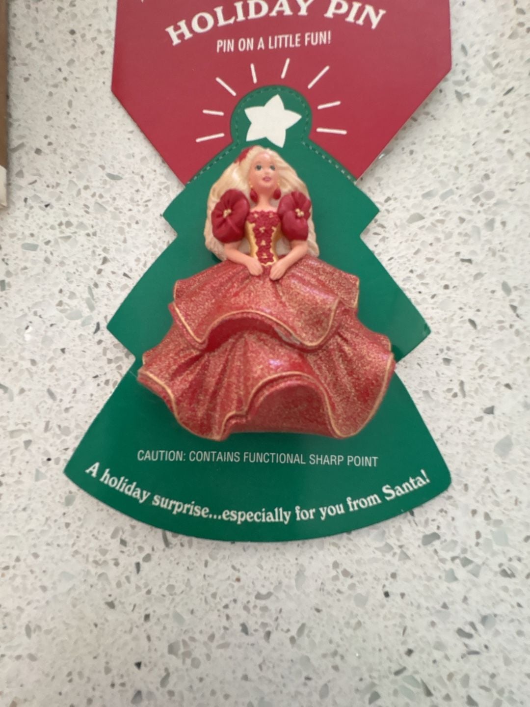 New Hallmark Vintage 1995 Barbie Holiday Pin Brooch Red Dress New on Card 3