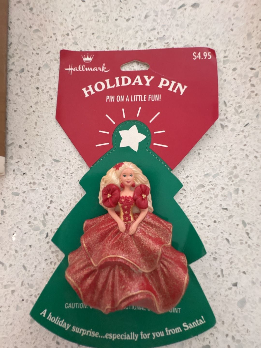 New Hallmark Vintage 1995 Barbie Holiday Pin Brooch Red Dress New on Card 4