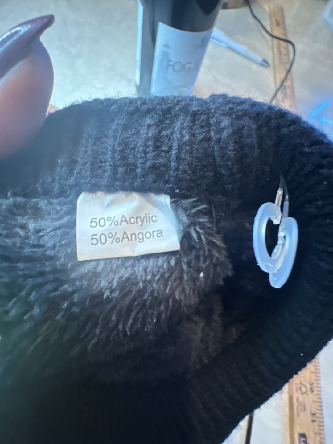 Black Knit Faux Fur Visor Beanie Hat 50% Angora 6