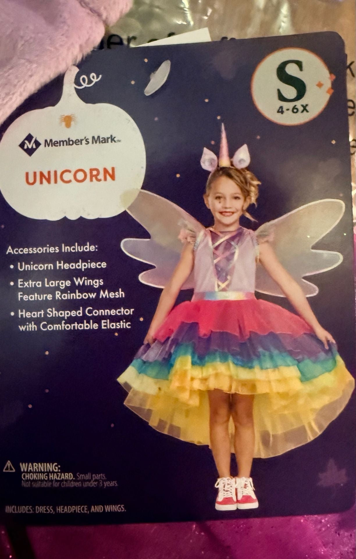 Member's Mark Unicorn Costume Size S 4-6X Rainbow Dress Headpiece Wings 1