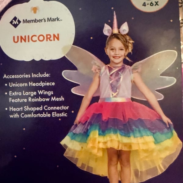 Member's Mark Unicorn Costume Size S 4-6X Rainbow Dress Headpiece Wings