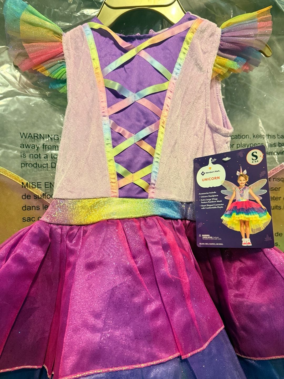 Member's Mark Unicorn Costume Size S 4-6X Rainbow Dress Headpiece Wings 5