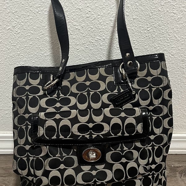 Coach Signature Sateen Black and White Tote Bag F19262