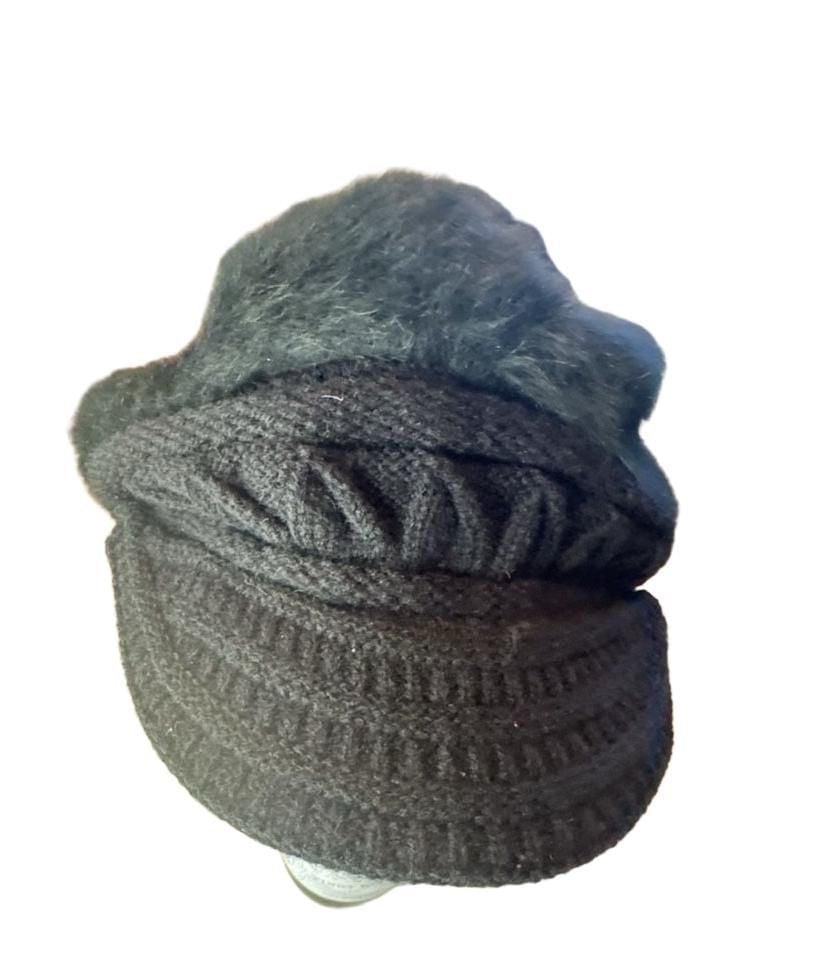 Black Knit Faux Fur Visor Beanie Hat 50% Angora 3