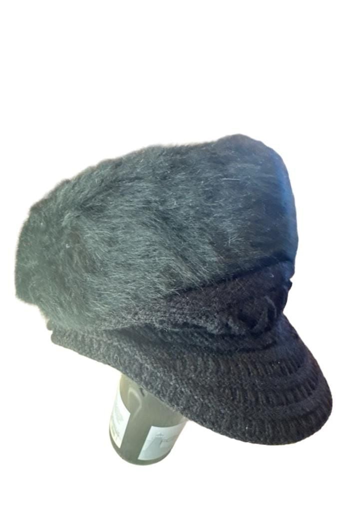 Black Knit Faux Fur Visor Beanie Hat 50% Angora 5