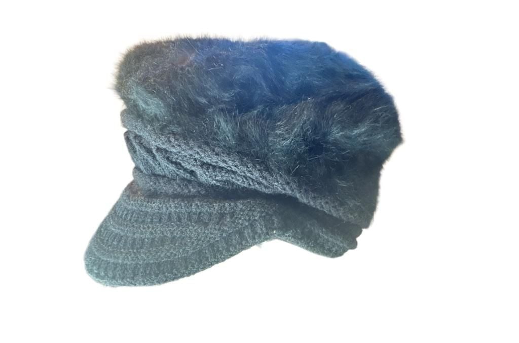Black Knit Faux Fur Visor Beanie Hat 50% Angora 2