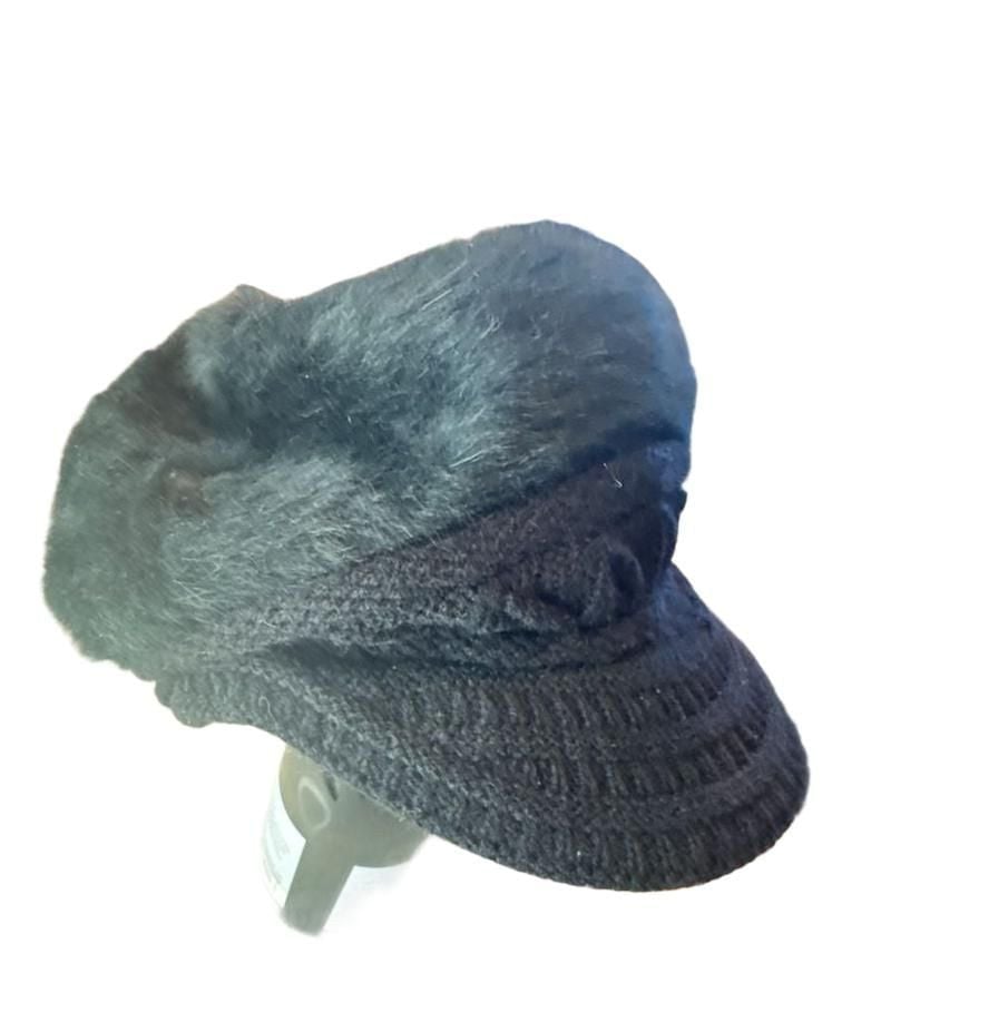 Black Knit Faux Fur Visor Beanie Hat 50% Angora 4