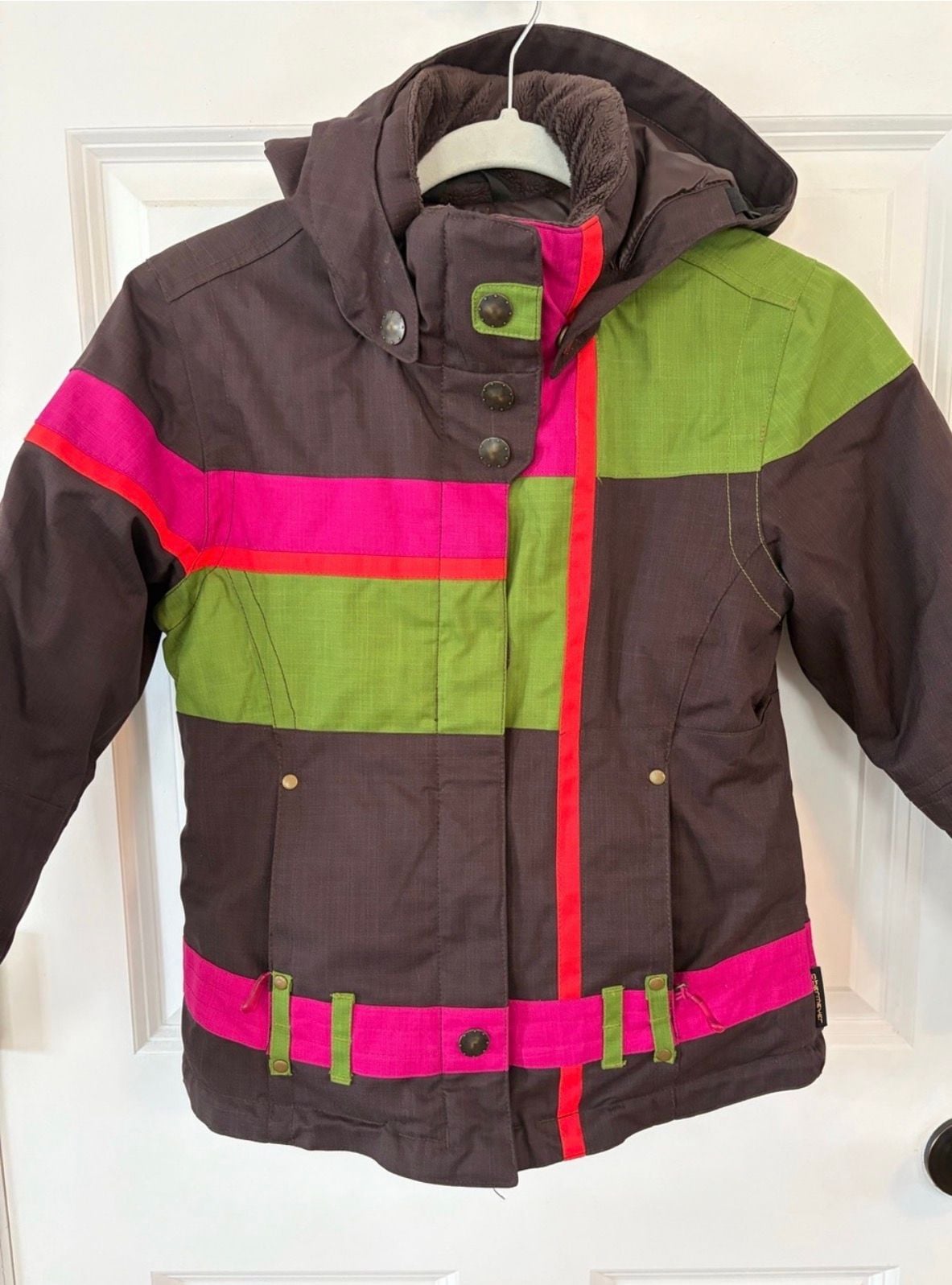 Obermeyer Ski Jacket Size 10 Juniors Brown Pink Green Hooded Winter Coat 2