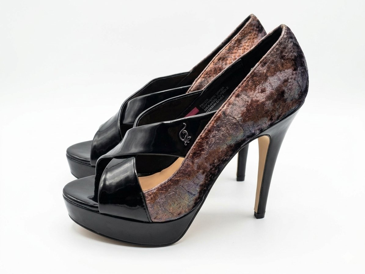 Baby Phat Platform Heels Size 7 Brown Snake Print Black Patent Peep Toe 2