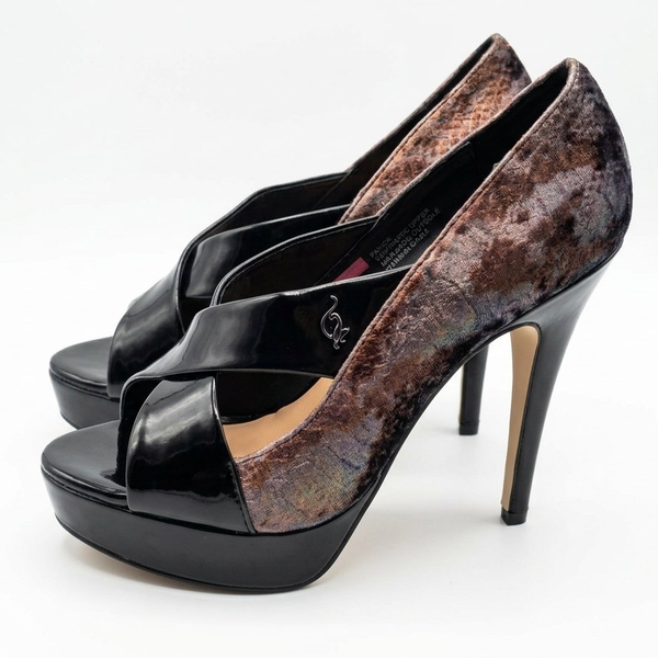Baby Phat Platform Heels Size 7 Brown Snake Print Black Patent Peep Toe