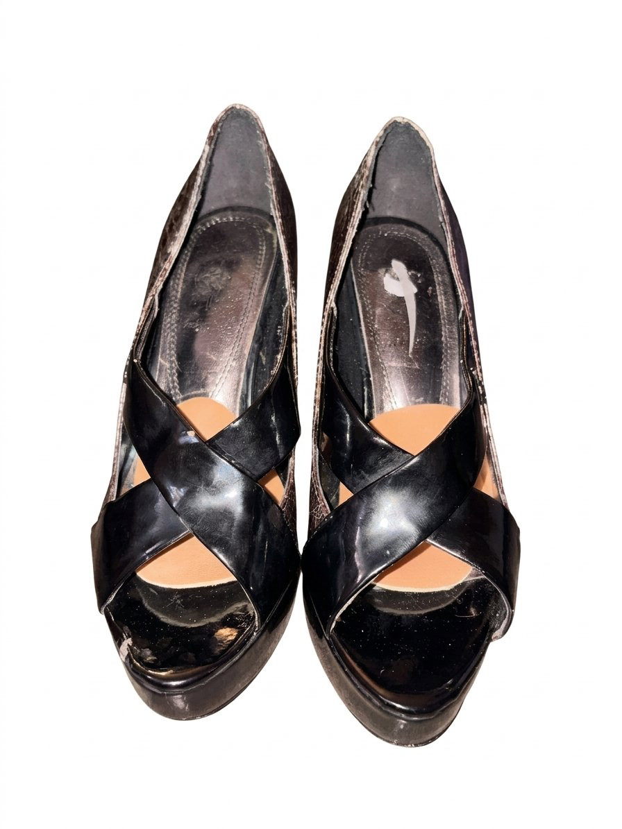 Baby Phat Platform Heels Size 7 Brown Snake Print Black Patent Peep Toe 3