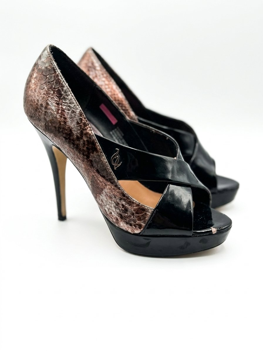 Baby Phat Platform Heels Size 7 Brown Snake Print Black Patent Peep Toe 4