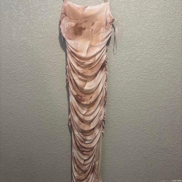 Aimee Ruched Midi Dress Pink Abstract Marble Print Mesh Overlay