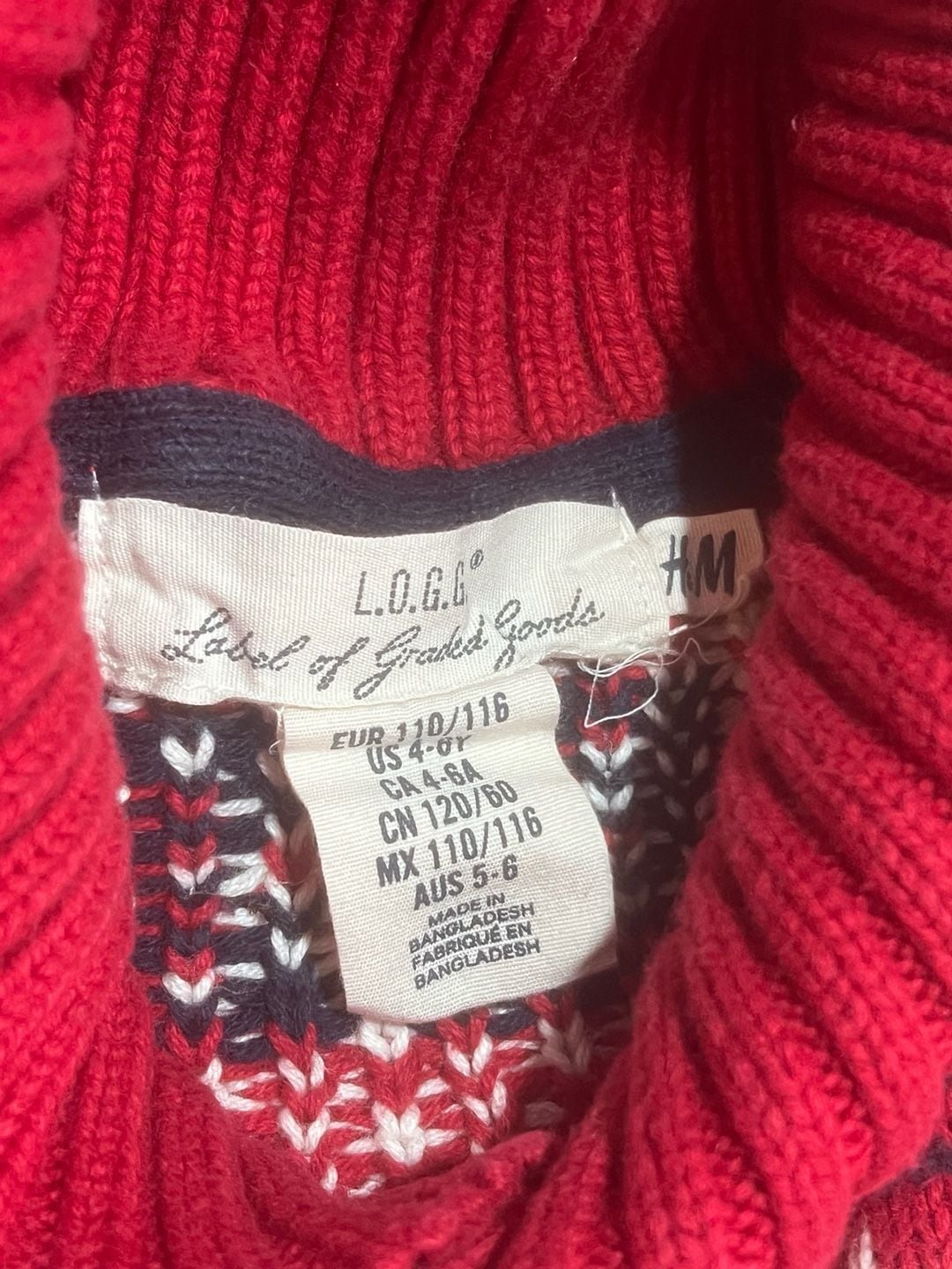 H&M L.O.G.G. Fair Isle Sweater Size US 4-6Y Red Christmas Winter Knit 4