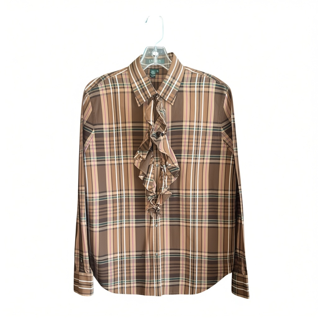 Lauren Ralph Lauren Plaid Ruffle Shirt Size XL Brown Long Sleeve 2