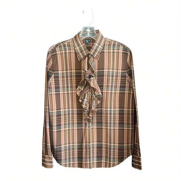 Lauren Ralph Lauren Plaid Ruffle Shirt Size XL Brown Long Sleeve