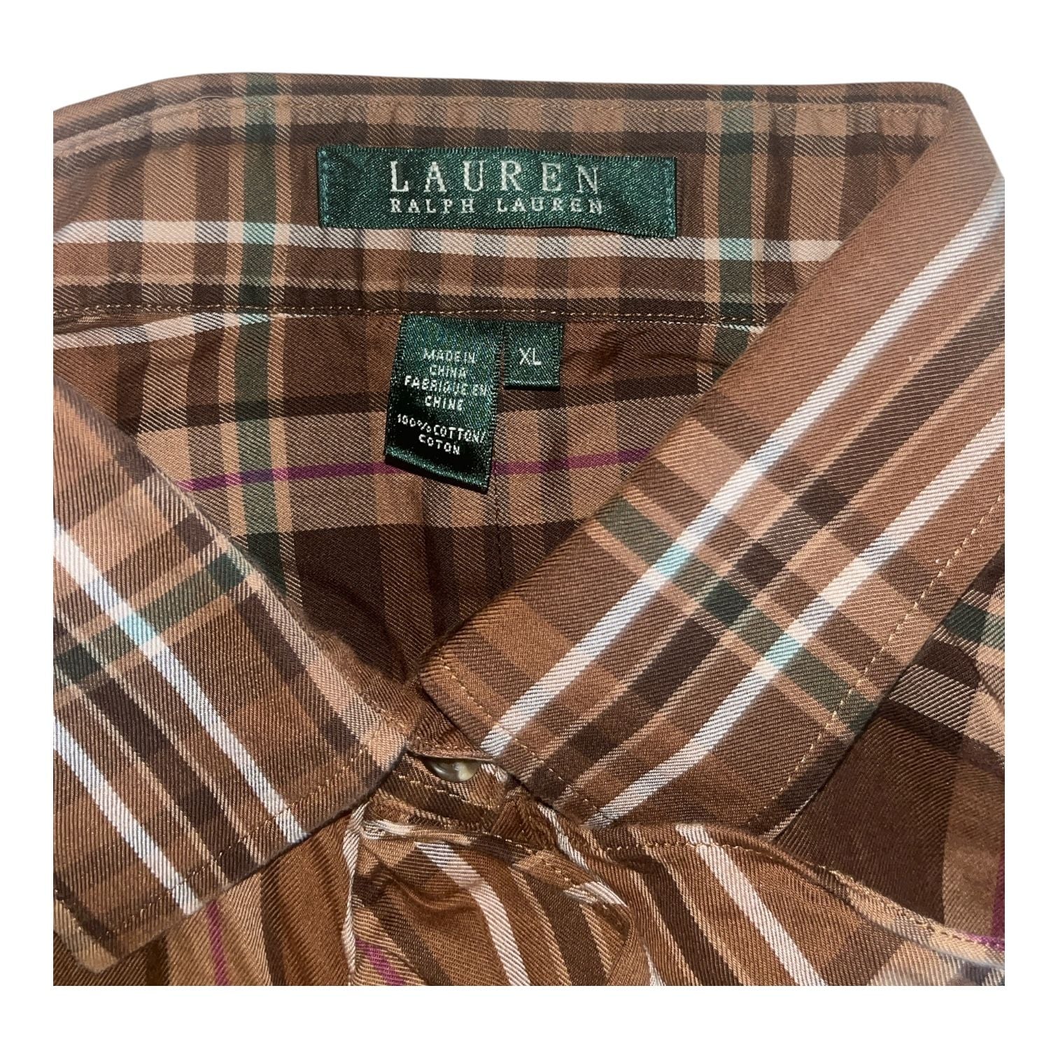 Lauren Ralph Lauren Plaid Ruffle Shirt Size XL Brown Long Sleeve 4