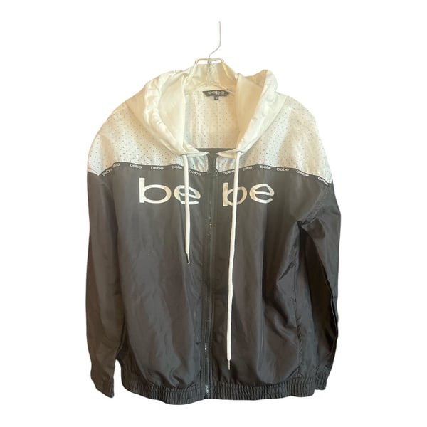 Bebe Sport Hooded Windbreaker Size M Black White Logo Jacket