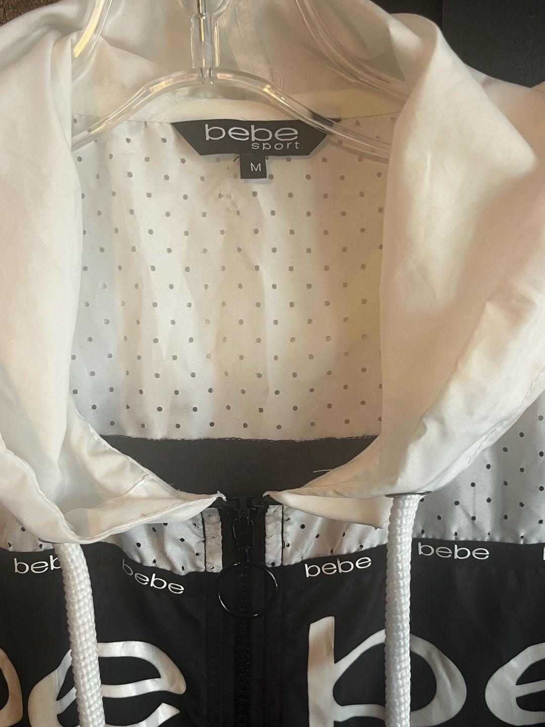Bebe Sport Hooded Windbreaker Size M Black White Logo Jacket 4