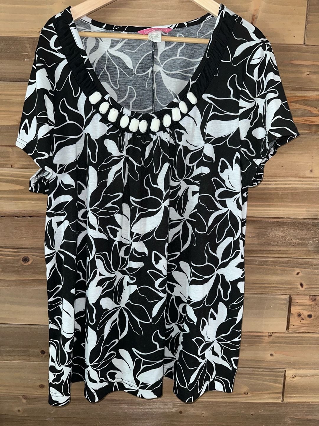 No.15 Woman Within Beaded Neck Floral Blouse Size 1X Black White 2