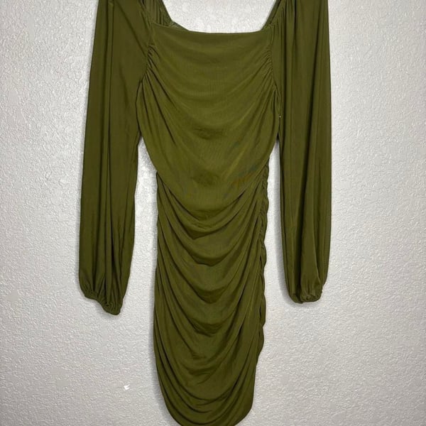 MEROKEETY Mesh Ruched Bodycon Mini Dress Size L Green Long Sleeve Square Neck