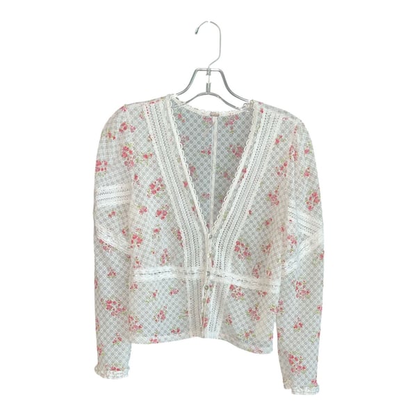 Free People Kika Printed Top Size L Cream Floral Lace Long Sleeve