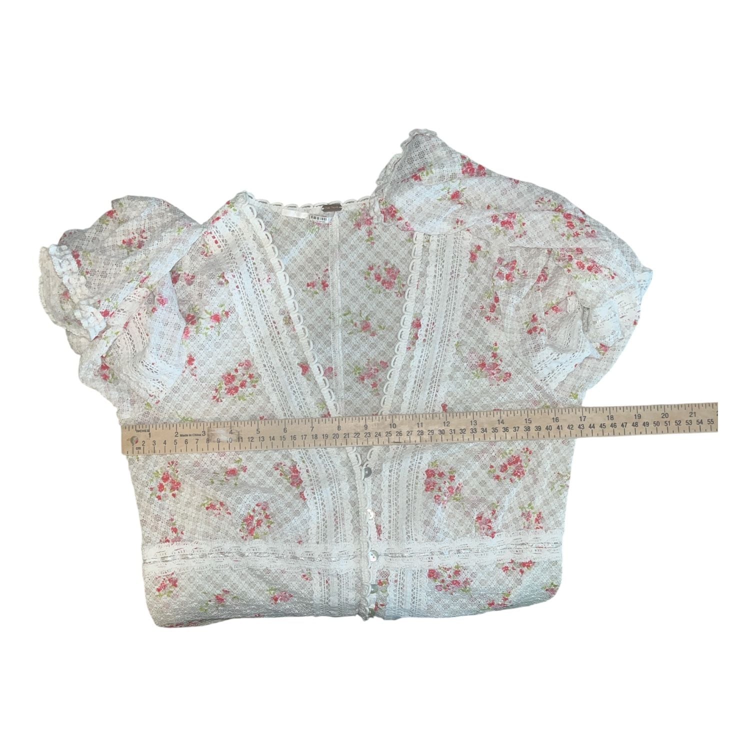 Free People Kika Printed Top Size L Cream Floral Lace Long Sleeve 5