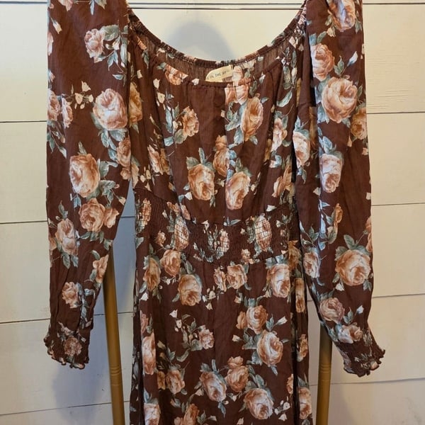 Pie In The Sky Floral Smocked Dress Size M Brown Long Sleeve
