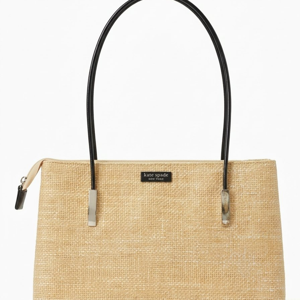 Vintage Kate Spade Straw Shoulder Bag Beige Raffia Gingham Lining
