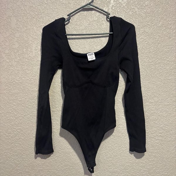 Victoria's Secret PINK Ribbed Long Sleeve Bodysuit Size L Black Square Neck