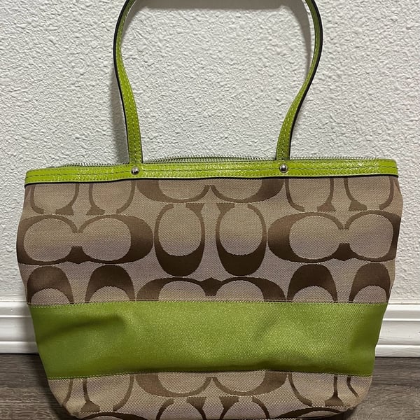 Coach Signature Stripe Tote F13548 Khaki Lime Green