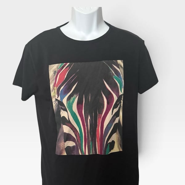 XRAY Graphic T-Shirt Size M Black Colorful Zebra Print Cotton Spandex