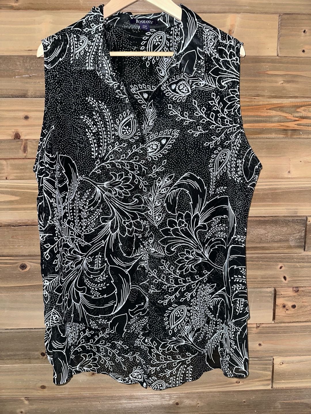 No.16 Roaman'S Sleeveless Blouse Size 24W Black White Floral Paisley Top 2