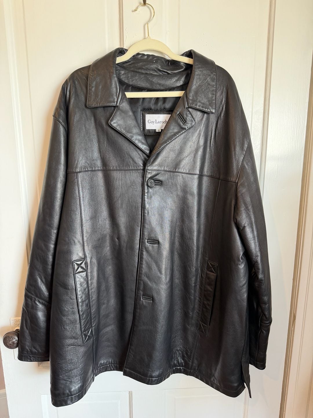 Guy Laroche Leather Jacket Size 48 Black Button Front Coat 2