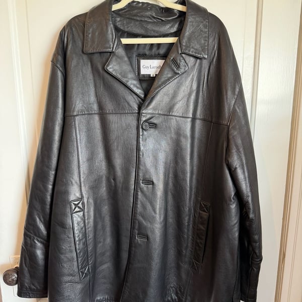 Guy Laroche Leather Jacket Size 48 Black Button Front Coat