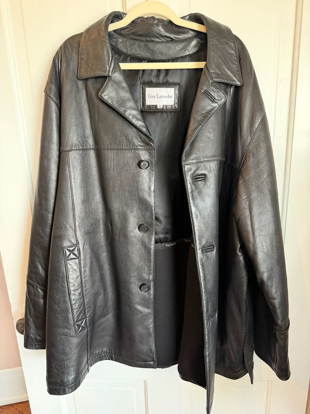Guy Laroche Leather Jacket Size 48 Black Button Front Coat 5
