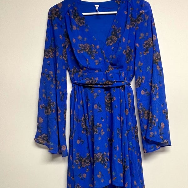 Free People Lilou Printed Dress Size XS Blue Floral Bell Sleeve V-Neck